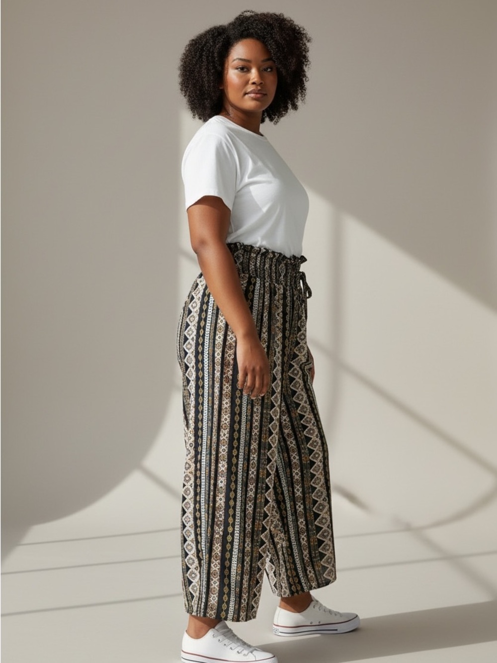 SHEIN Black & Cream Patterned Wide Leg Pants